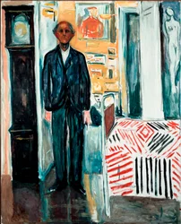 Mellem sengen og uret Maleri af Edvard Munch (1863-1944) 1940-1942 Dim. 149,5x120 cm Oslo, Munch-Museet