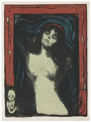Madonna - Liebendes Weib, ca. 1895-1902 (litografi, trykt i sort, rød, blå og jadegrøn på hvid)