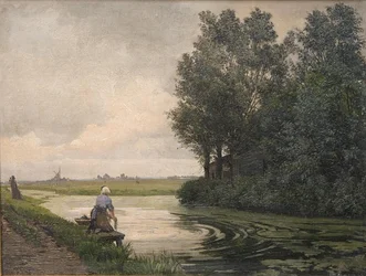 Hollandsk landskab. En pige vasker ved en kanal