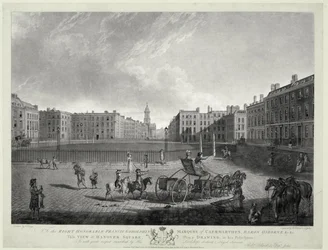 Udsigt over Hannover Square, indgraveret af Robert Pollard (1755-1838) og Francis Jukes (1747-1812) 1787 (radering og akvatinte)