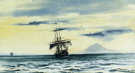 Det sidste syn af Mount Discovery: SS. «Morning» og «Terra Nova» følger «Discovery» ud af McMurdo-strædet, 19.02.04, midnat, 1904