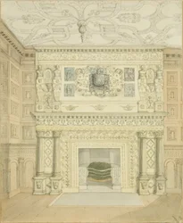 Skorstensstykke, Great Oak Room, Red Lodge (blyant og akvarel på papir)