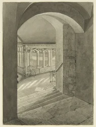 Indgang til Cloisters fra Bristol Cathedral med Edward Birds grav (blyant og akvarel på papir)