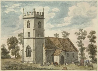 Ukendt kirke, måske Compton Greenfield, ca. 1823 (blyant og akvarel på papir)