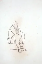 Selvportræt af kunstneren, siddende, med hænderne mellem knæene, fra et album med tegninger (blyant på papir)