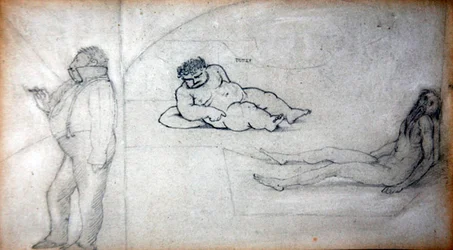 William Morris og kunstneren i et dampbad, ca. 1890 (blyant på papir)