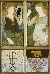 King Arthur og Queen Guinevere, seks flisepaneler fremstillet af Morris, Marshall, Faulkner & Co. (keramik)