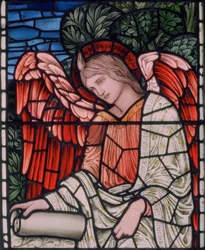 Birmingham, Acocks Green, St Mary the Virgin, Morris & Co., Edward Burne-Jones, John Henry Dearle (1859-1932), engel med skriftrulle, detalje, 1895