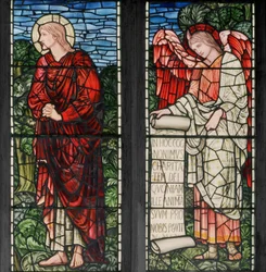 Birmingham, Acocks Green, St Mary the Virgin, Morris & Co., Edward Burne-Jones, John Henry Dearle (1859-1932), Sankt Johannes og engel med skriftrulle, 1895