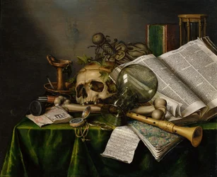 Vanitas. Stilleben med bøger, manuskripter og et kranium