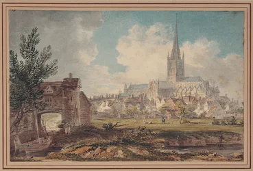 Norwich Cathedral fra sydøst (blyant, blæk og akvarel på papir)