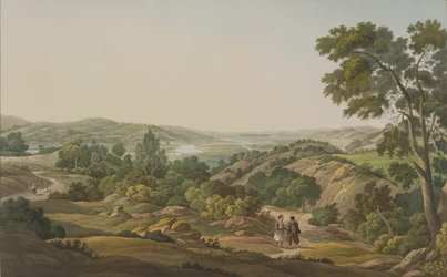 Olympias slette, planche 6 fra del 1 af "Views in Greece", graveret af J. Bailey, 1820 (akvatint)