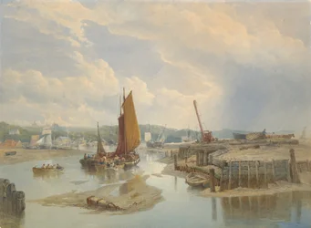 En by på en flodmunding ved lavvande, 1868.
