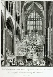 Udsigt over orkestret og udøverne i Westminster Abbey, under Commemoration of Handel, udgivet af Charles Burney, 1785