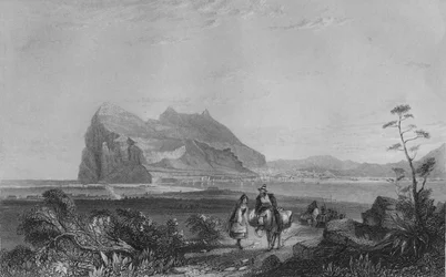 Gibraltar. Fra det nederste signaltårn ved foden af dronningen af Spaniens stol, 1840
