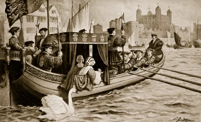 Catherine Howard føres op i tårnet, illustration fra 