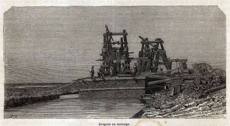 Udgravninger på Suez-kanalen, tegning af Grenet, for at illustrere en udflugt til Suez-kanalen i 1862 af Paul Merruau. Indgravering i "" Le tour du monde"", redigeret af Edouard Charton