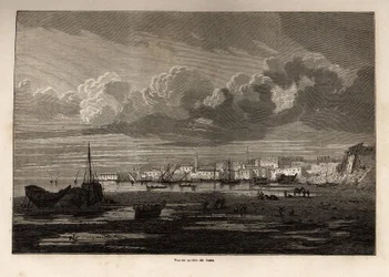 Udsigt over byen Suez (Ægypten), tegning af Grenet, for at illustrere en udflugt til Suez-kanalen, i 1862, af Paul Merruau. Indgravering i "" Le tour du monde"", redigeret af Edouard Charton