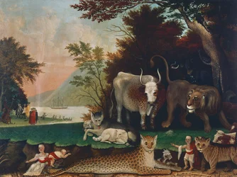 Peaceable Kingdom, Ca 1848, Maleri af Edward Hicks (1780-1849), Olie på lærred, 60,6x81 cm, USA