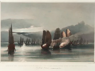 Angreb på pirateskadren Chuiapoo ud for Tysami, Kina, natten til den 28. september 1849 af HMS Columbine, J C Dalrymple Hay, Esqr, Commr, ca. 1849 (tryk, litografi, farvelagt)