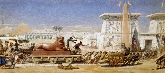 Det gamle Egypten: Transport af en løvestatue til templet Slaver, der trækker vognen