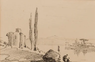 Italiensk capriccio, ca. 1837 (sort kridt på papir)