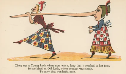 Der var en ung dame, hvis næse var så lang, at den nåede til hendes tæer, fra 