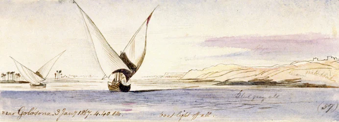 Udsigt over Nilen nær Golosona (Egypten) med en traditionel egyptisk båd, der sejler. Farvet akvareltegning