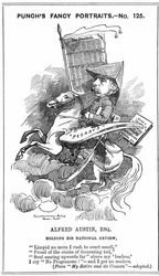 Alfred Austin (1835-1913) britisk digterpristager fra 1896. Tegneserie af Edward Linley Sambourne (1844-1910) i Fancy Portraits-serien i Punch, London, 3. marts 1883, da Austin blev redaktør af National Review. Gravering.