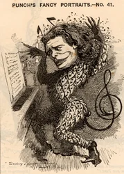 ""Anton Rubinstein (1829-1894) russisk pianist, komponist og dirigent, grundlægger af Sankt Petersborgs konservatorium. I London-koncertsæsonen 1881 tjente han i omegnen af £10.000. En af hans kompositioner var en opera ""Demon"" (1875). Tegnefilm af Edwa