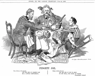 Koalitionsregering. Hertugen af Devonshire og Arthur Balfour i midten forsøger at holde Joseph Chamberlain, lederen af koalitionens mindre parti, under kontrol. I september 1903 trådte han tilbage for frit at kunne argumentere for sine toldreformer.