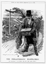 David Lloyd George (1863-1945) walisisk-født britisk liberal statsmand. I 1908 indførte Lloyd George som finanskansler sin lov om alderdomspensioner. Tegnefilm af Edward Linley Sambourne fra Punch, London, august 1908.
