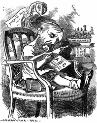 Evelyn Ashley (1836-1907) engelsk forfatter og liberal politiker: søn af 7. jarl af Shaftesbury. Tegnefilm af Edward Linley Sambourne i Fancy Portraits-serien fra Punch London april 1881, da Ashley var undersekretær i Board of Trade.