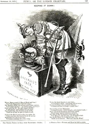 Holder det nede. Otto von Bismarck (1815-1898) Tysklands kansler, der forsøger at tvinge socialismens Jack tilbage i sin boks. Billedteksterne fortæller ham, at enhver undertrykkelseshandling er en eliksir til det menneskelige ønske om mere frihed. Tegnefi