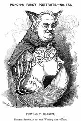 Phineas Taylor Barnum (1810-1891) Amerikansk showman: medstifter af Barnum og Bailey cirkus. Edward Linley Sambourne tegnefilm fra Punch London 1884 i Fancy Portraits-serien, der viser Barnum som en listig ræv, der udnytter folks frenologiske bump af Credu