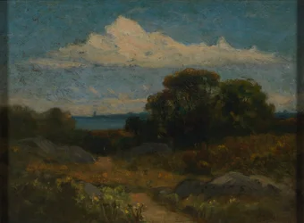 Landskab (træer og klipper ved søen)