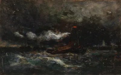 Squall, Brenton Light (båd i storm, fyrtårn i baggrunden)