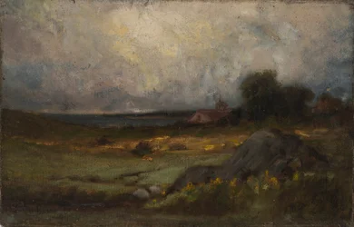 Uden titel (landskab med klippe i forgrunden og tag med kirketårn, sø i baggrunden)