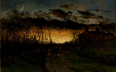Uden titel (solnedgang med kvartmåne og bondehus)