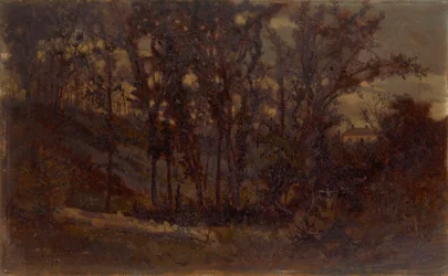 Unavngivet skovscene, væltet træ i forgrunden og hus i baggrunden, 1873.