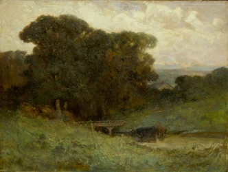 Unavngivet skovscene med bro, køer i vandløb i forgrunden, 1897.