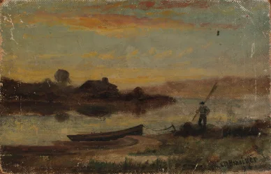 Unavngivet landskab, båd fortøjet nær bredden med en gående mand, 1896.