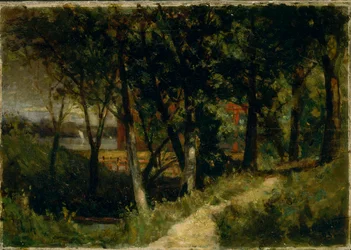Unavngivet landskab, skovscene med rødt hegn og bygning, 1893.
