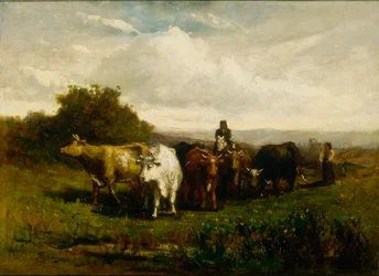 Unavngivet mand til hest, kvinde til fods, der driver kvæg, 1880.