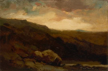 Unavngivet bjerglandskab med klippe og å i forgrunden, n.d.