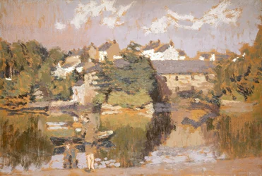 Bygninger ved en flod (Olie på hård plade)
