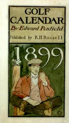 Golfspiller, der sidder ved køller, tegner i akvareller. (1899?) af Edward Penfield 1866-1925, amerikansk kunstner.