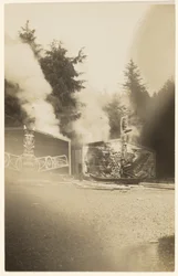 [Da de lysende flammer steg højere op, malede de havet, der skvulpede ved foden af en spøgelsesagtig skov, rødt].