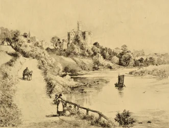 The Coquet: Warkworth Castle fra vejen til Amble, ca. 1880 (radering)