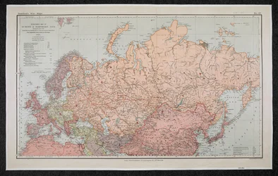 Stanfords krigskort nr. 27, kort over Europa og Nordasien, der viser ruten for den store sibiriske jernbane og hovedforbindelserne øst og vest, den japanske landrute til Europa